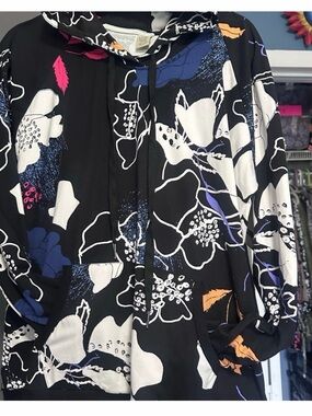 Floral Print Scoop Neck Hoodie Sweater - Black/White/Blue